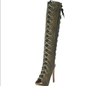 Olive Over-the-Knee Boots. Open Heel in the back.